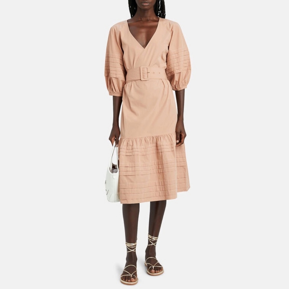 INTERMIX Bonnie Belted Cotton Midi Dress Size 2 Beige Tan Ruffle